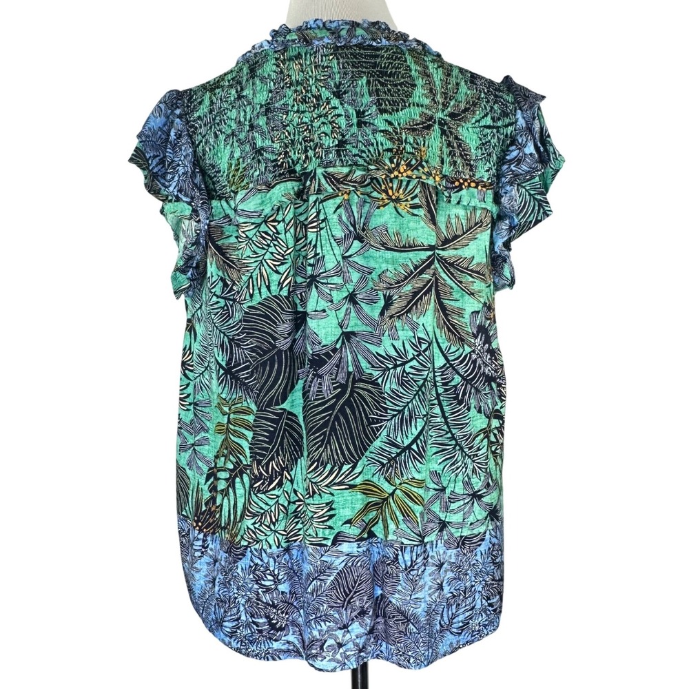 Democracy Tropical Palm Print Smocked Cap Sleeve Top Boho Green Blue Women's M - Picture 5 of 9